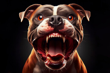 Angry pitbull dog with huge eyes and open mouth isolated on black background. ai generative