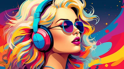Foto op Plexiglas Groovy Tunes: Blonde Woman Wearing Headphones and Sunglasses in Pop Art Retro Fashion © pierre