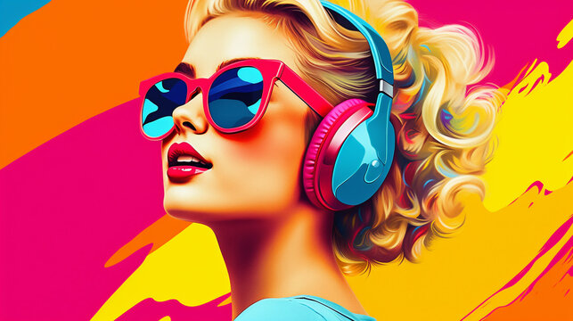 Groovy Tunes: Blonde Woman Wearing Headphones and Sunglasses in Pop Art Retro Fashion