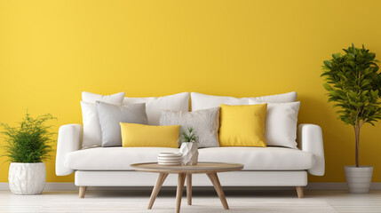 Cozy Elegance: Yellow Accents in a Scandinavian Home with Round Coffee Table and White Sofa