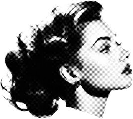 Beautiful Woman profile in halftone dots texture, isolated black and white vector design element