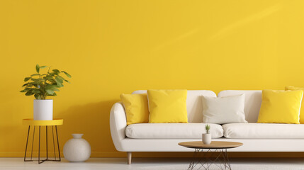 Scandinavian Bliss: Modern Living Room with Yellow Wall, White Sofa, and Round Coffee Table