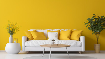 Scandinavian Bliss: Modern Living Room with Yellow Wall, White Sofa, and Round Coffee Table