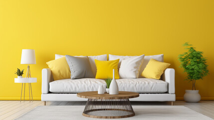 Sunny Serenity: White Sofa with Yellow Pillows and Round Coffee Table in Scandinavian Living Room