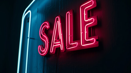 Neon glowing Sale sign. Bright illuminated banner for shopping promotion