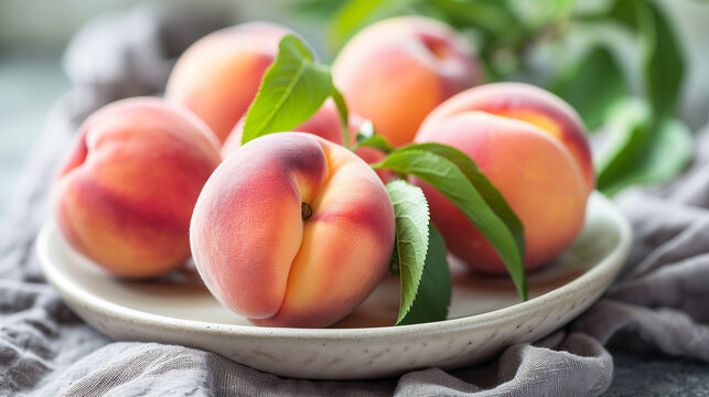 peaches in a bowl. Fresh and sweet peach. Fruits for fitness. Wooden plate with peaches. design for fitness shop, food market, restaurant of cafe. Morning snack.