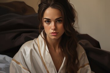 Beautiful young woman in a white coat. Waking up in the morning. Rest at the hotel. Portrait. Vacation.