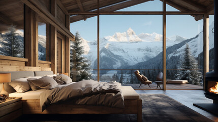 Serenity in Snow: Modern Rustic Bedroom Design in a Chalet with Mountainous Backdrop