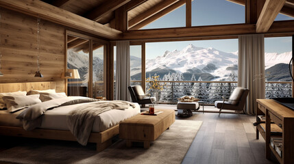 Mountain Retreat: Rustic Interior Design in a Modern Chalet Bedroom with Snowy Mountain View
