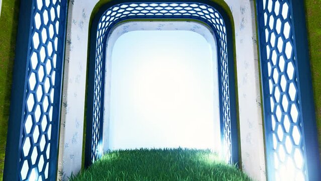 animation over decorative arch door leading to a shining end