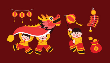 Dragon dance, chinese new year elements in modern minimalist geometric style. Colorful illustration in flat vector cartoon style. Cute chinese boy in dragon costume on red isolated background.