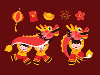Dragon dance, chinese new year elements in modern minimalist geometric style. Colorful illustration in flat vector cartoon style. Cute chinese boy in dragon costume on red isolated background.