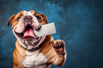 Dog holding blank card in its mouth