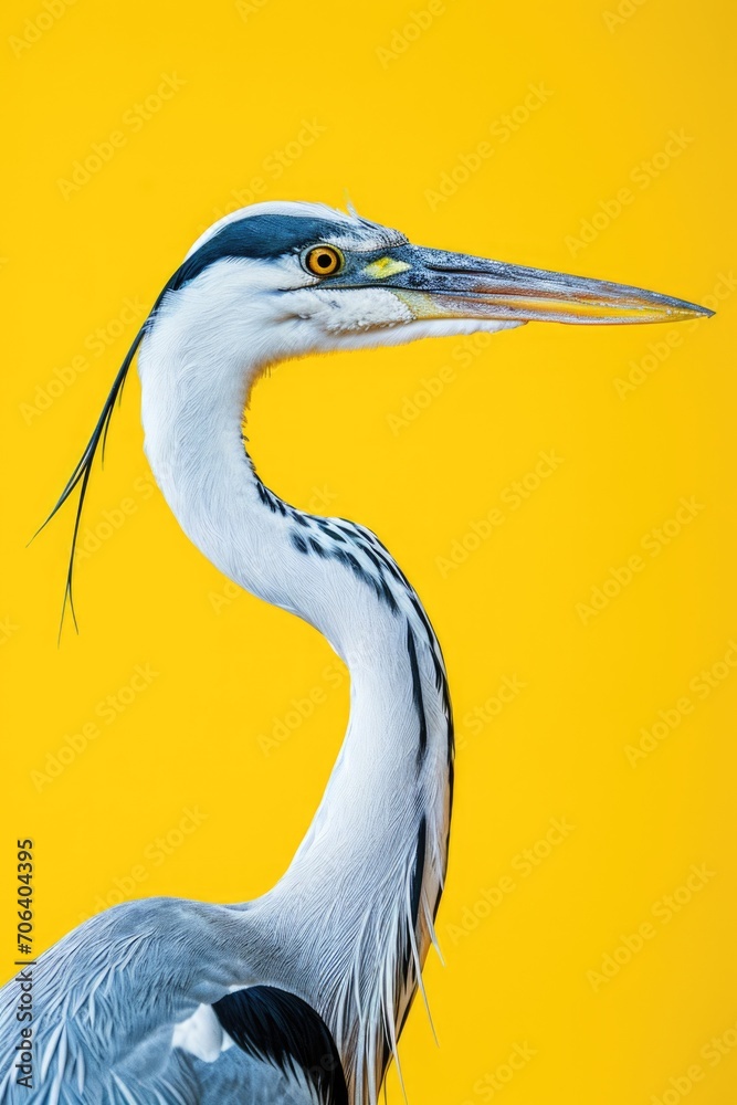 Poster A close-up photograph of a bird against a vibrant yellow background. This image can be used to add a pop of color and nature to any design or project