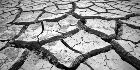 A black and white photo depicting a cracked ground surface. Suitable for various applications