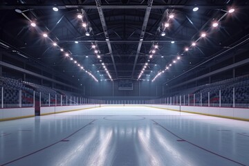 An empty hockey rink with lights illuminating the ice. Perfect for sports-related designs and concepts