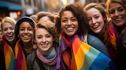 Group of young lgbt rights activists with rainbow flag, lesbian, rainbow, freedom, diversity, bisexual, gay, celebration, community