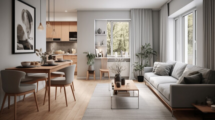Fototapeta premium Chic Scandinavian Studio: Modern Living and Dining Harmony