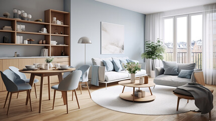 Fototapeta premium Chic Scandinavian Studio: Modern Living and Dining Harmony