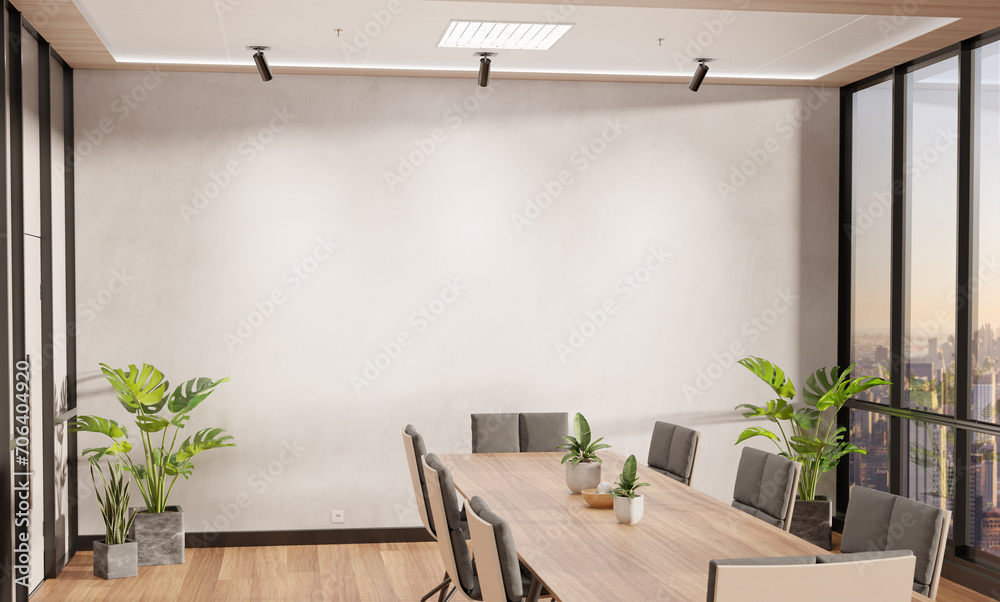 Poster blank wall mockup in bright wooden office with windows and sun passing through. empty company meetin