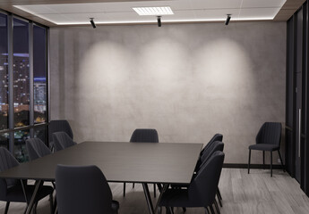 Empty concrete office wall mockup at night with modern wooden furnitures. 3D rendering