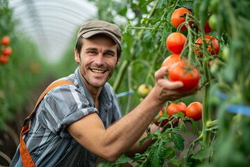 Worker picking up two tomatoes from the tomato plant and smiling