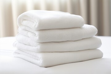 Stack of white folded towels on white bed