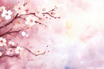Fototapeta na wymiar Sakura, peaches and cherries in pink-coral watercolor. Japan in spring, delicate pink landscape, spring nature