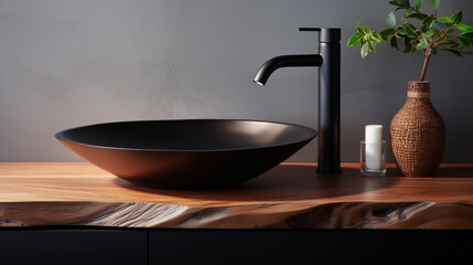Modern Luxury: Stylish Black Fixtures on a Wooden Bathroom Counter