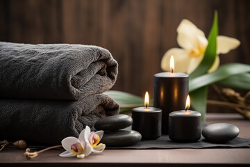 Obraz na płótnie Canvas Spa stones with towels and candles on wooden background