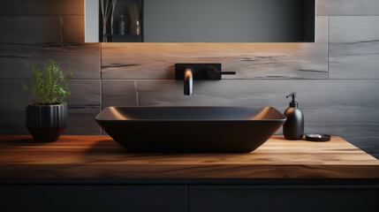 Fototapeta na wymiar Sleek Elegance: Black Vessel Sink and Faucet in Modern Bathroom