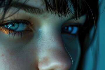 Close up of a woman's face showcasing her striking blue eyes. Perfect for beauty or fashion-related projects