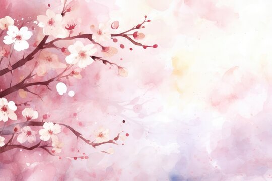 Sakura, peaches and cherries in pink-coral watercolor. Japan in spring, delicate pink landscape, spring nature
