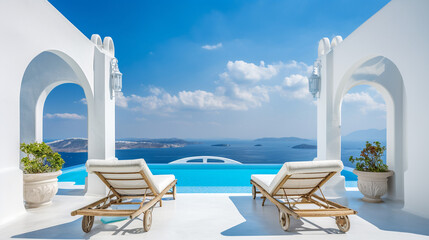 Obraz na płótnie Canvas Architectural Elegance: Summer Retreat with Pool and Sea Vista