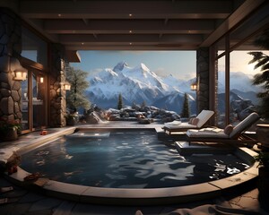 Swimming pool in luxury hotel with mountains view. 3d rendering