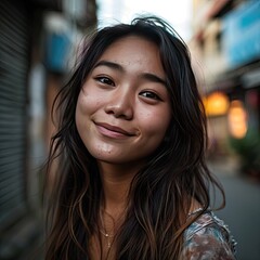 Obraz premium Cheerful Asian Girl with a Joyful Smile and Long Hair Looking at Camera, Blurred City Background, Close-Up Portrait Photography