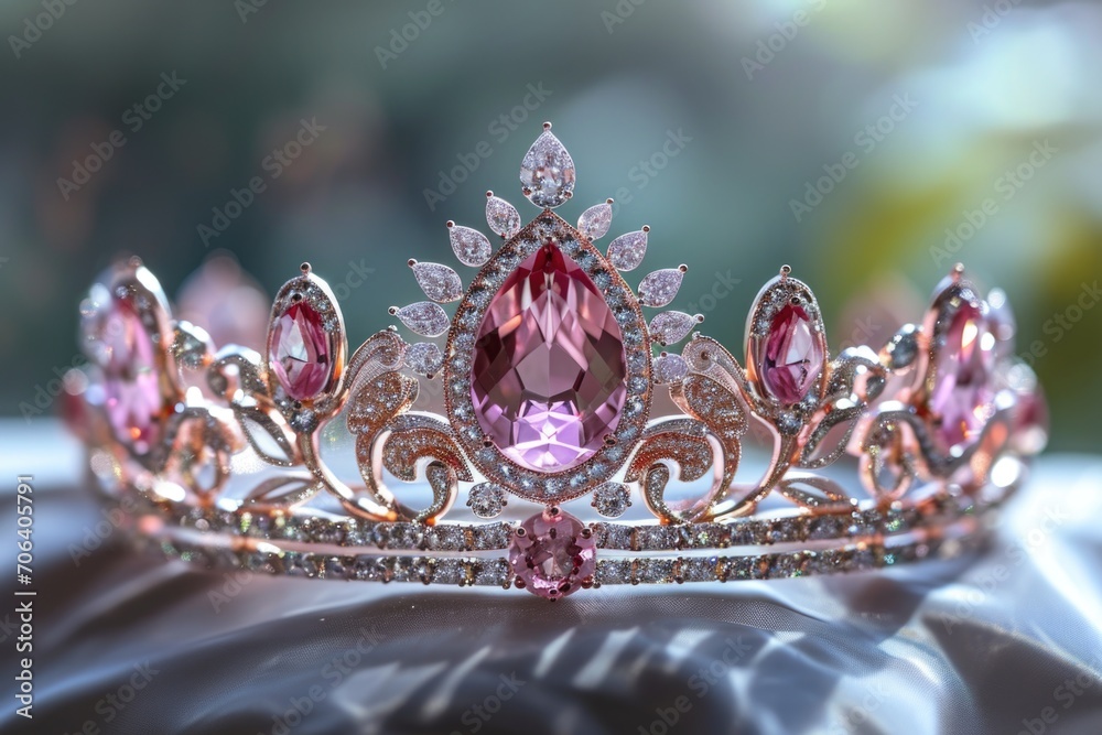 Poster a beautiful tiable adorned with pink and white stones. perfect for adding a touch of elegance and sp