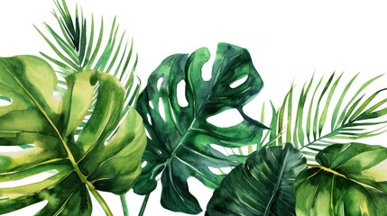 A vibrant watercolor painting depicting tropical leaves on a white background. Perfect for adding a touch of nature to any design or decor