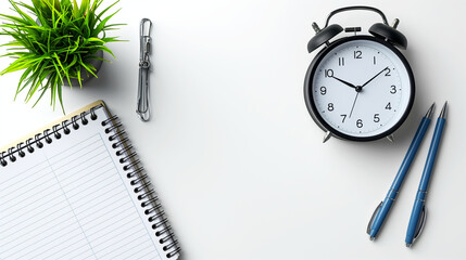 neat workspace with a spiral notebook, two blue pens, a black alarm clock, and a green potted plant on a white surface