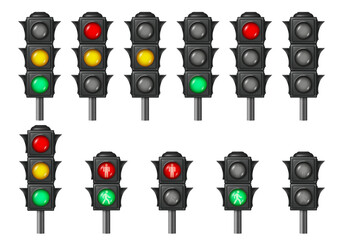 Traffic light with three signals color. Vector isolated semaphore road regulation for drivers. Realistic stoplight signaling devices for road intersections, pedestrian crossings, city street
