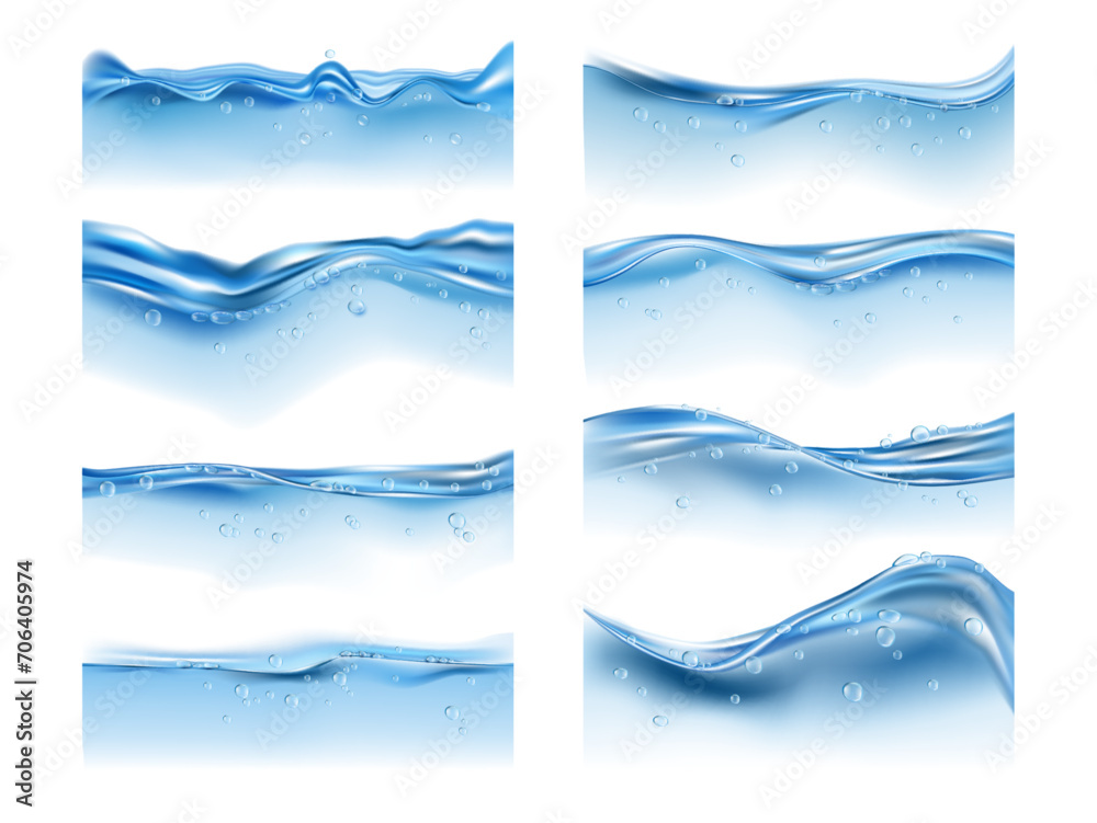 Aufkleber water splashes and drops on surface with bubbles of air. vector isolated realistic liquid with dropl