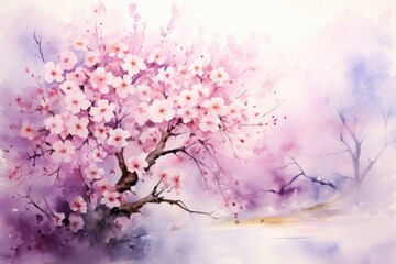 Obraz na płótnie Canvas Sakura, peaches and cherries in pink-coral watercolor. Japan in spring, delicate pink landscape, spring nature