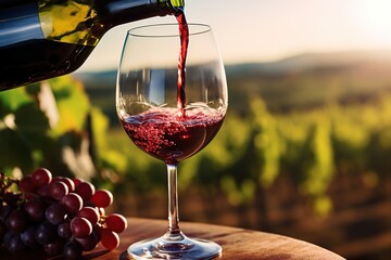 Pouring red wine to glass on vineyard background