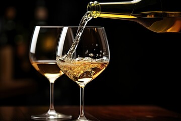 Pouring white wine to glass on dark background