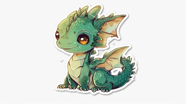 Cute cartoon green dragon sticker on white background