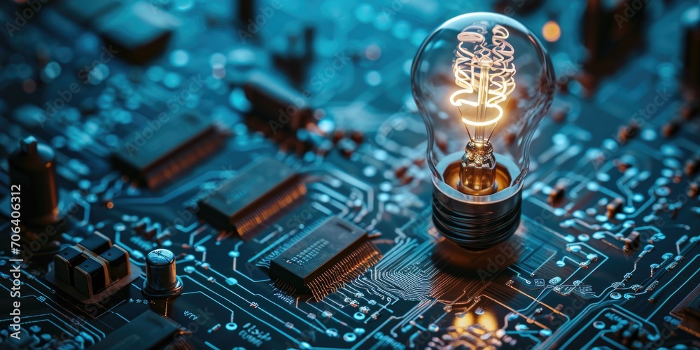 Poster a light bulb sitting on top of a circuit board. perfect for illustrating technology, innovation, and