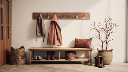 Rustic Welcome: Wall-Mounted Coat Rack and Farmhouse Bench