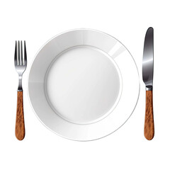 Cooking template - top view of an empty white plate with knife and fork isolated on a transparent background.