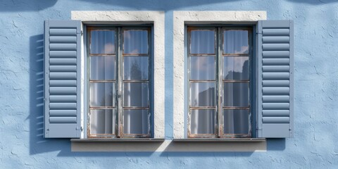 A window with blue shutters on a blue wall. This image can be used to depict architectural elements or to add a pop of color to design projects
