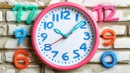 vibrant wall clock with numbers in different colors, surrounded by colorful fuzzy numbers against a brick wall background